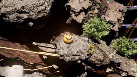 Winexy screenshot: A spherical object navigates rocky terrain surrounded by greenery and wooden paths under a bright sky.