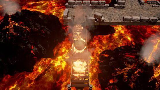 Winexy screenshot: A spherical object navigates a narrow wooden bridge over a fiery lava landscape, with stone structures ahead.