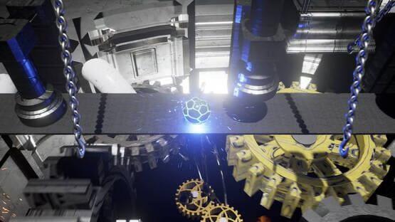 Winexy screenshot: A glowing sphere rolls across a suspended platform surrounded by gears and mechanical chains in a factory setting.
