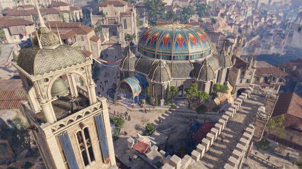 Baldur's Gate 3 screenshot showing a stunning aerial view of a vibrant city with detailed architecture and bustling streets.