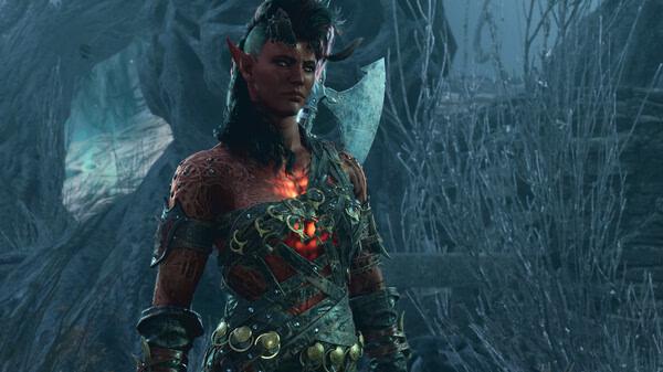 A Baldur's Gate 3 screenshot showing a tiefling character in detailed armor, standing in a dark, eerie forest environment.