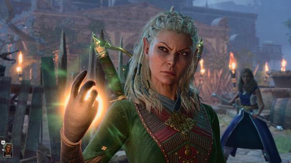 Baldurs Gate 3 screenshot: A character with glowing magic in hand stands in a village, with another figure in the background holding a weapon.