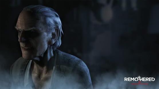 Screenshot from Remothered: Tormented Fathers showing an older character surrounded by fog in a dimly lit environment.