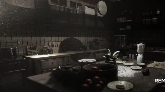 Screenshot from Remothered: Tormented Fathers showing a dimly lit, cluttered kitchen with dishes and utensils on the counter.