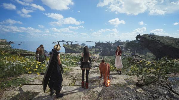 FINAL FANTASY VII REBIRTH screenshot: Characters stand on a stone path overlooking a scenic landscape with ocean and distant cliffs.