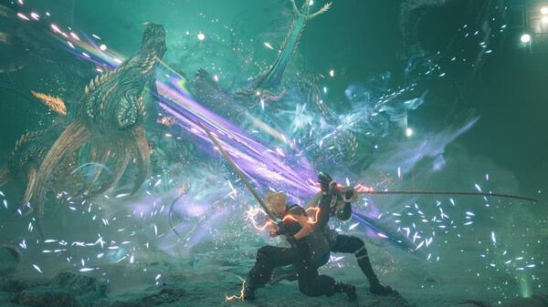 FINAL FANTASY VII REBIRTH screenshot: Two characters wielding swords face a giant dragon amidst swirling energy and sparks.