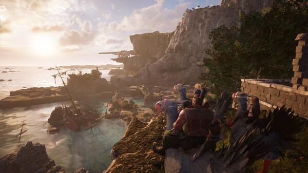 Screenshot from FINAL FANTASY VII REBIRTH showing characters overlooking a scenic coastal area with a sunken ship and cliffs in the distance.