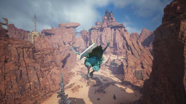 FINAL FANTASY VII REBIRTH screenshot: A vibrant chocobo flies through a vast, rocky canyon under a bright blue sky.