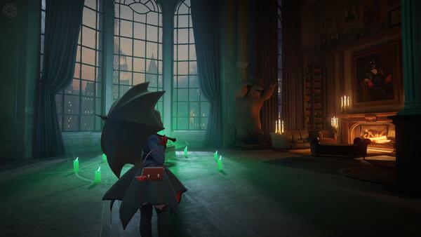 Screenshot from Deadlock: A character with a shield stands in a dimly lit room with green glowing candles.