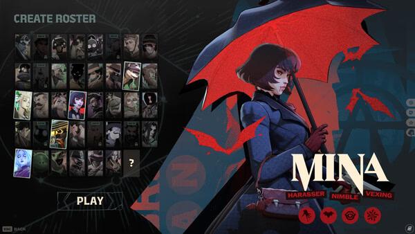 Screenshot of Deadlock game featuring character selection screen with Mina, holding a red umbrella, ready to play.