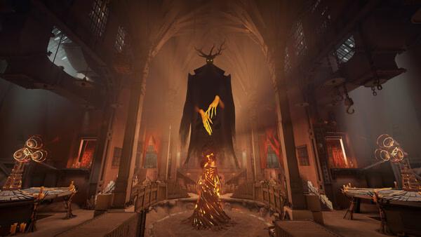 Deadlock screenshot: A dark figure with glowing hands stands in a cathedral-like room, surrounded by fiery decorations.