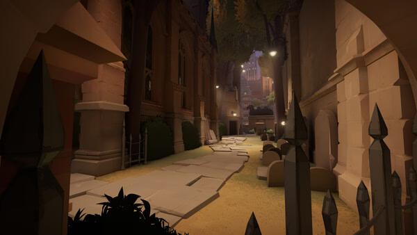 Screenshot from Deadlock shows a narrow alleyway with stone buildings, streetlamps, and shadows hinting at an evening setting.