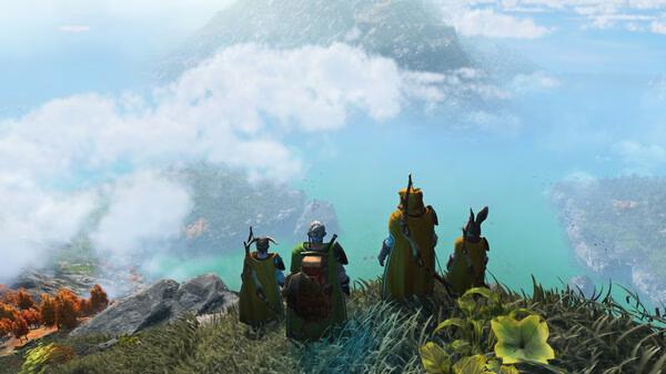 Screenshot from 'Light No Fire': Four adventurers in yellow cloaks overlook a vast, mountainous landscape with a turquoise lake below.