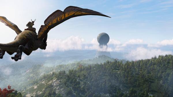 Screenshot from 'Light No Fire' showing a dragon flying over a vast forest landscape towards a mysterious stone sphere.