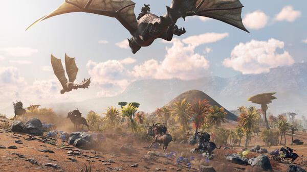 Screenshot from Light No Fire: Dragons soar over a diverse group of running animals in a vibrant landscape.