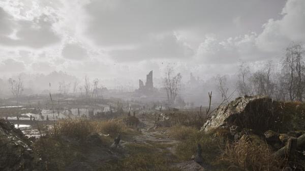 A screenshot from Blight: Survival showing a desolate, swampy landscape with ruins in the distance under a cloudy sky.