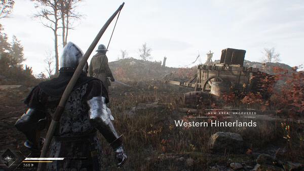 Blight: Survival screenshot showing an armored character with a bow approaching two figures and a cart in the Western Hinterlands.