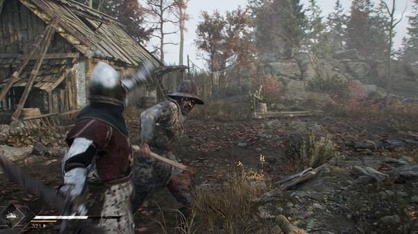 Blight: Survival screenshot showing a medieval warrior battling a zombie in a rustic village setting.