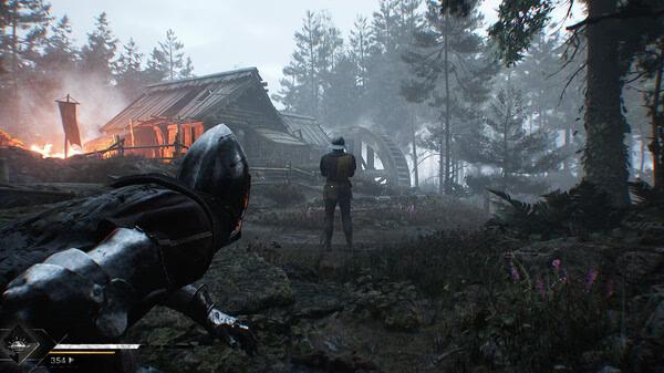 A Blight: Survival screenshot showing a knight crouching in a forest near a wooden house with a waterwheel and a fire in the background.