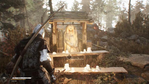 Blight: Survival screenshot: A character stands before a wooden stall with a mysterious figure surrounded by candles in a forest setting.