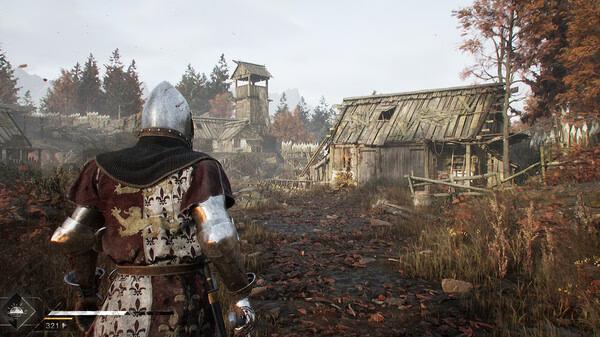 Blight: Survival screenshot showing a medieval knight exploring a village with wooden huts and autumn trees.