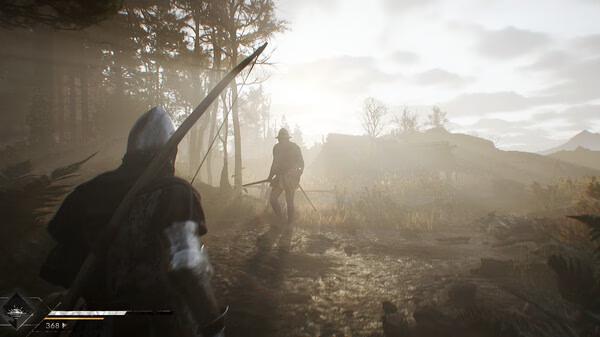 Blight: Survival screenshot showing two armored figures facing off in a misty forest clearing with weapons drawn, ready for battle.