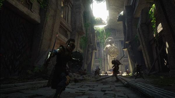 Chrono Odyssey screenshot: A warrior battles enemies in a sunlit, ancient stone ruin with overgrown greenery and a large statue visible.