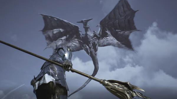 Chrono Odyssey screenshot: A knight in armor holding a spear faces a flying dragon against a cloudy sky.