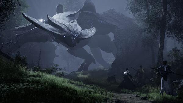 A Chrono Odyssey screenshot showing three warriors facing a massive, armored creature in a misty forest setting.