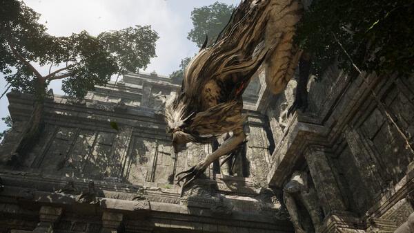 A Chrono Odyssey screenshot showing a towering, beast-like creature with flowing fur near an ancient stone structure surrounded by trees.
