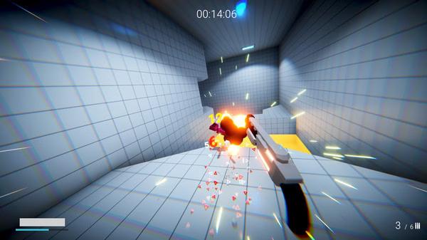 KARLSON screenshot: A player character in a white-tiled room fires a weapon, causing a vivid explosion with sparks and debris flying.