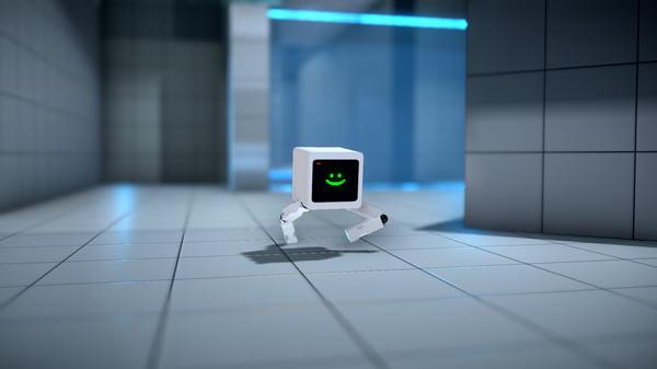 KARLSON screenshot: A small, smiling robot walks on a tiled floor in a futuristic, blue-lit room.