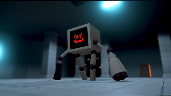 KARLSON screenshot: A blocky, robotic creature with a red face displayed on its screen stands in a dimly lit room.