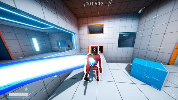 KARLSON screenshot: Player character dashes through a futuristic, tiled room with glowing blue beams and a timer above.
