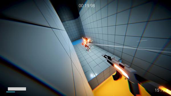 Screenshot from KARLSON showing a player shooting at an enemy in a futuristic, grid-patterned environment.