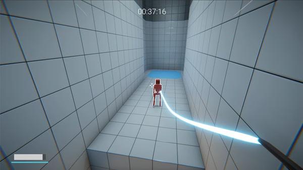 KARLSON screenshot: A player-controlled red character runs through a tiled corridor, holding a glowing beam weapon, with a timer displayed.