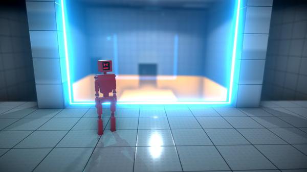 KARLSON screenshot: A red blocky character stands in a tiled room, facing a glowing blue barrier with bright lighting.