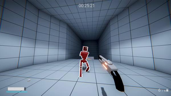 Screenshot from KARLSON showing a blocky red character facing the player in a minimalist gray room with a gun visible.