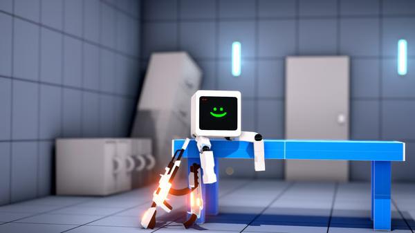 KARLSON screenshot: A robotic character with a smiling screen face leans on a blue table in a modern, tiled room.