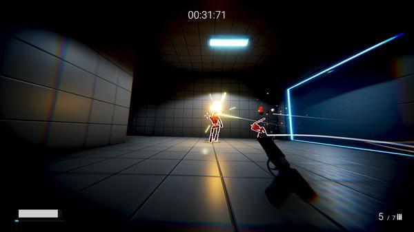 KARLSON screenshot: Player aims at two armed enemies in a dimly lit corridor, with a glowing blue barrier in the background.