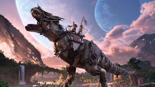 ARK 2 screenshot: A massive, armored dinosaur with a rider holding a flag in a lush, prehistoric landscape under a vibrant sky.