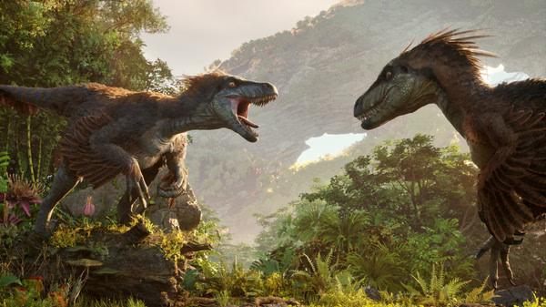Screenshot from ARK 2 showing two dinosaurs facing each other in a lush, prehistoric landscape.