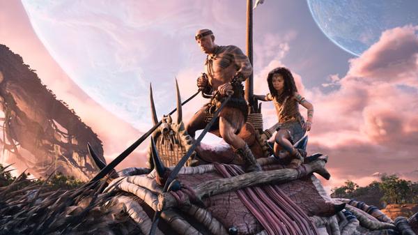 ARK 2 screenshot: Two characters ride a large, armored dinosaur across a rugged landscape with a planet visible in the sky.