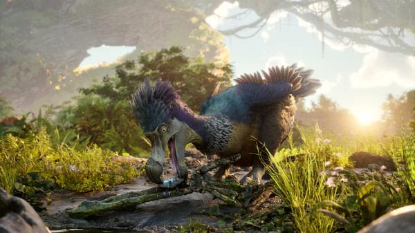 ARK 2 screenshot: A vibrant Dodo with colorful feathers pecks at a bone in a lush jungle setting under a bright sky.