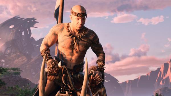 ARK 2 screenshot: A tattooed warrior riding a large dinosaur, with a dramatic landscape in the background.
