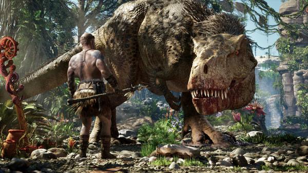 ARK 2 screenshot: A prehistoric setting with a muscular character facing a large dinosaur amidst lush vegetation.