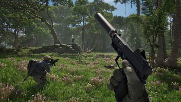 A screenshot from PUBG: Black Budget showing a player aiming a silenced pistol at an enemy in a lush jungle environment.