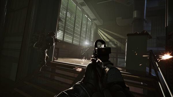 Screenshot from PUBG: Black Budget showing a player aiming their weapon indoors, with another player moving near stairs and sparks flying.