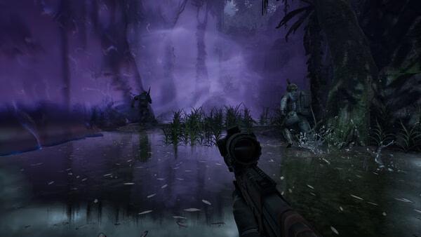 A PUBG: Black Budget screenshot shows players navigating a swampy jungle with purple mist and armed soldiers in view.