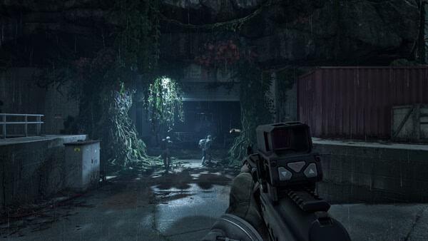 A PUBG: Black Budget screenshot showing a player aiming at an enemy in a rain-soaked, overgrown industrial area.